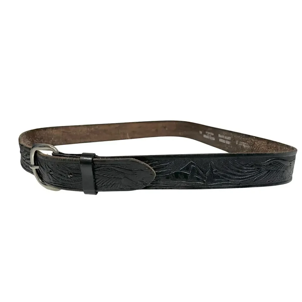 Vintage HAND TOOLED Belt WESTERN Eagle Black Leather Made In U.S.A Men’s 44